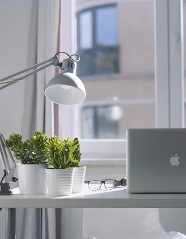 a desk with plants, glasses, a computer, and a lamp, beside a window